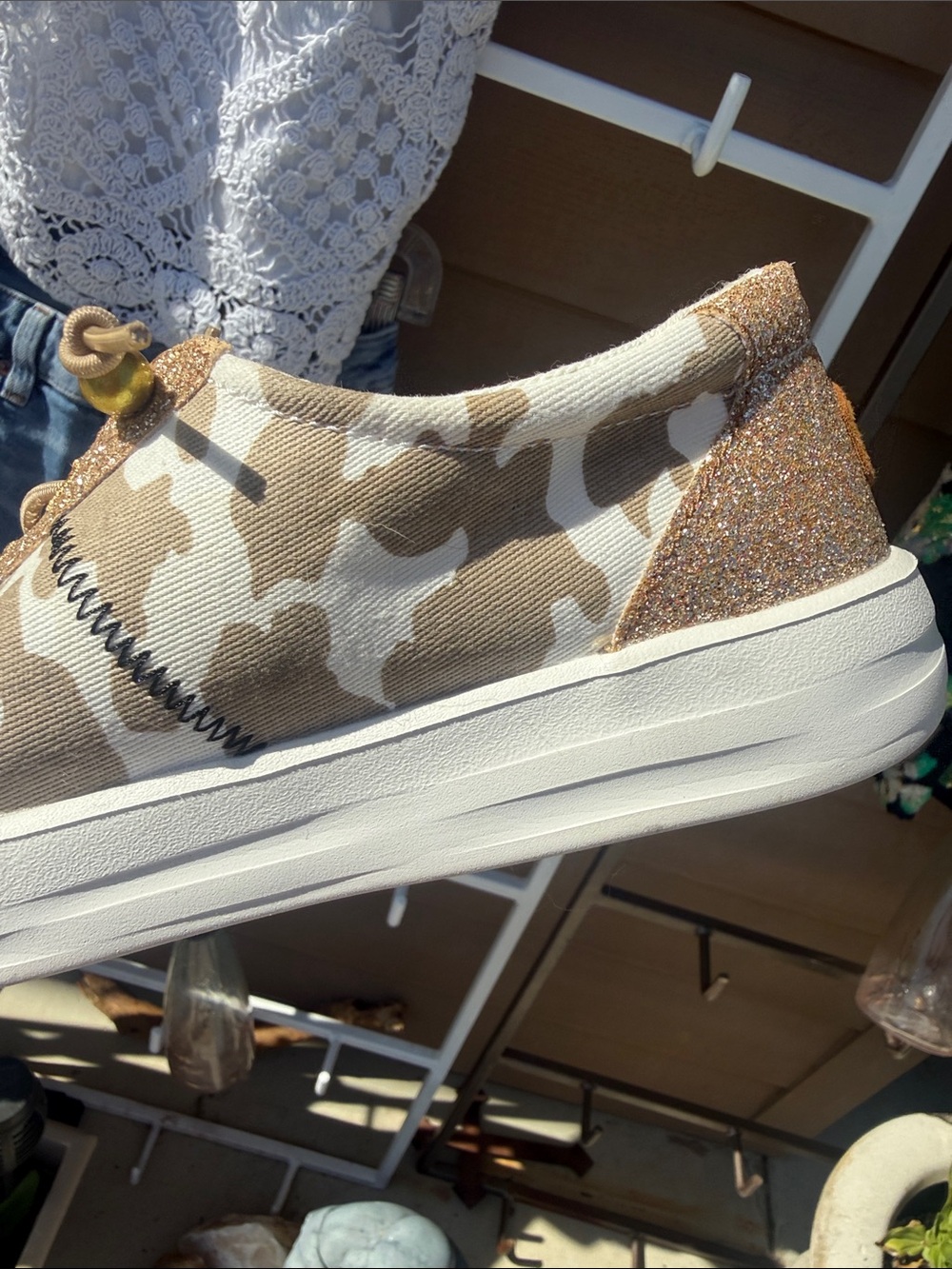 Hey Dude NEW Festival Women's Tan Beige Camo Sneakers with Gold Glitter Trim 10 - Picture 6 of 13
